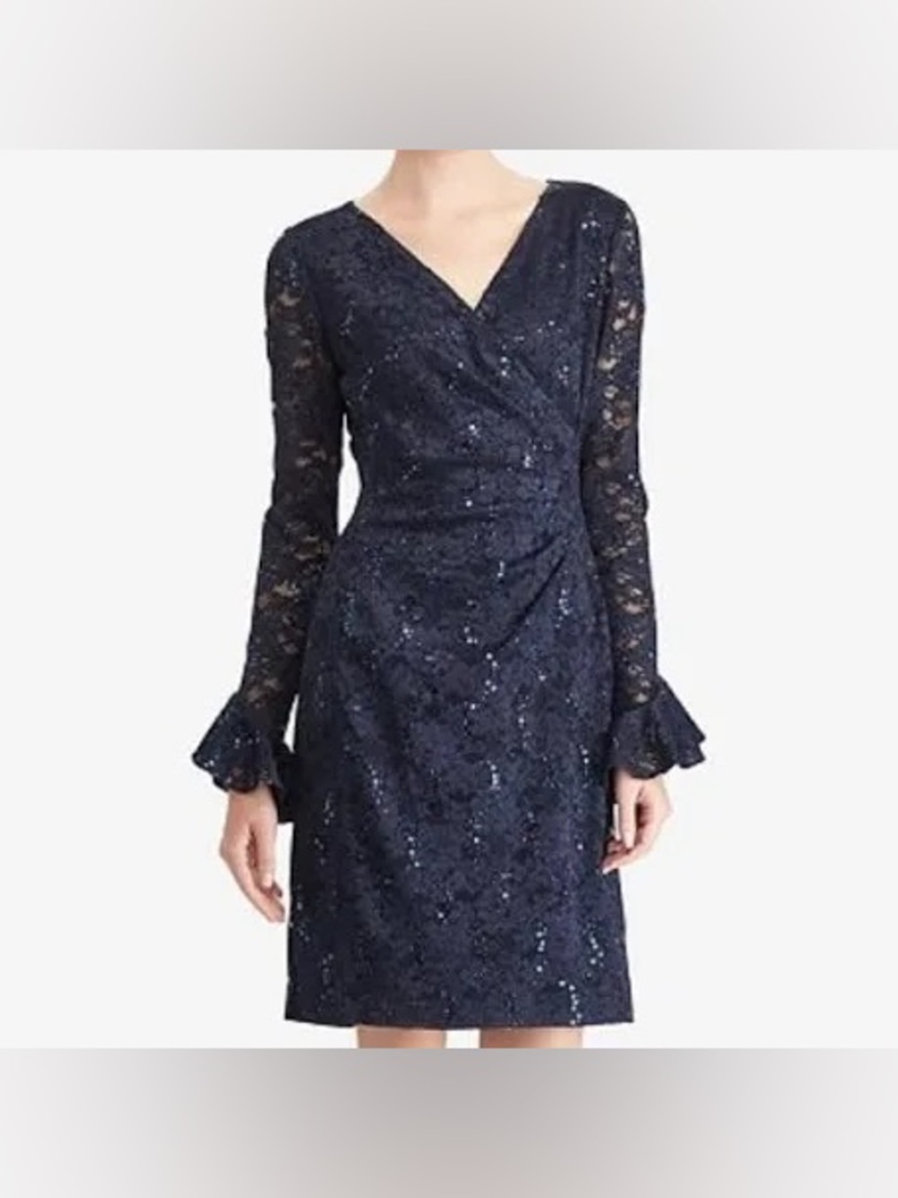 Lauren Ralph Navy Lace Sequin Wrap Dress with Ruffle Cuffs